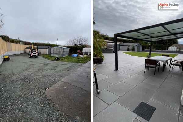 100 Tonnes of hardcore was used to level the site, finished off with grey natural stone with granite edging. A raised limestone flowerbed with a canopy over the back door was finished off with roll on grass turf.